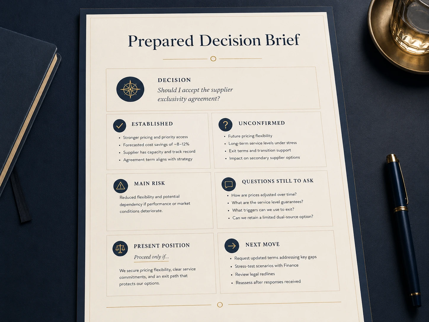 Illustrative prepared decision brief showing established facts, unconfirmed points, main risk, open questions, a present position and next move.