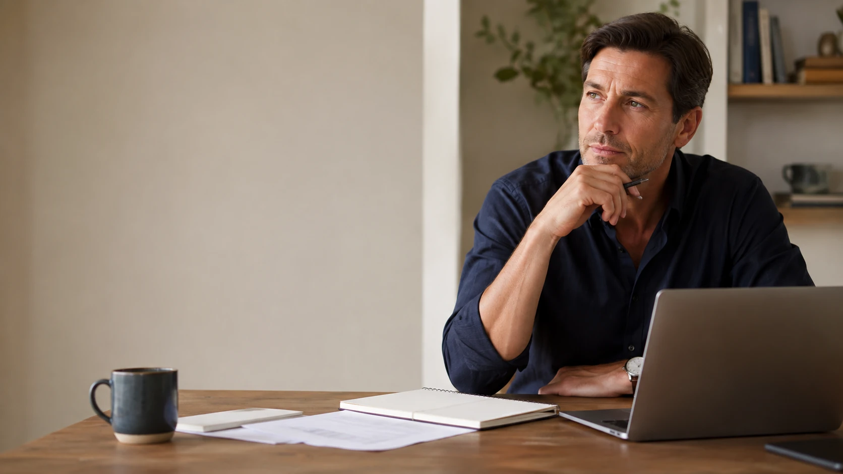 A thoughtful man at a desk considering information beside an open laptop, with clear space for the page heading.