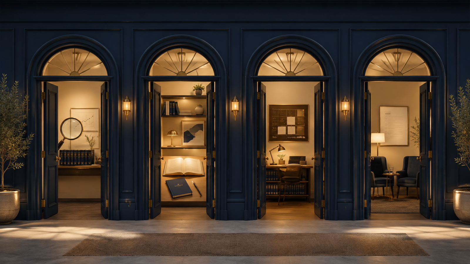 Four equally open doorways representing four different, equally valid ways to use The Careful Optimist.