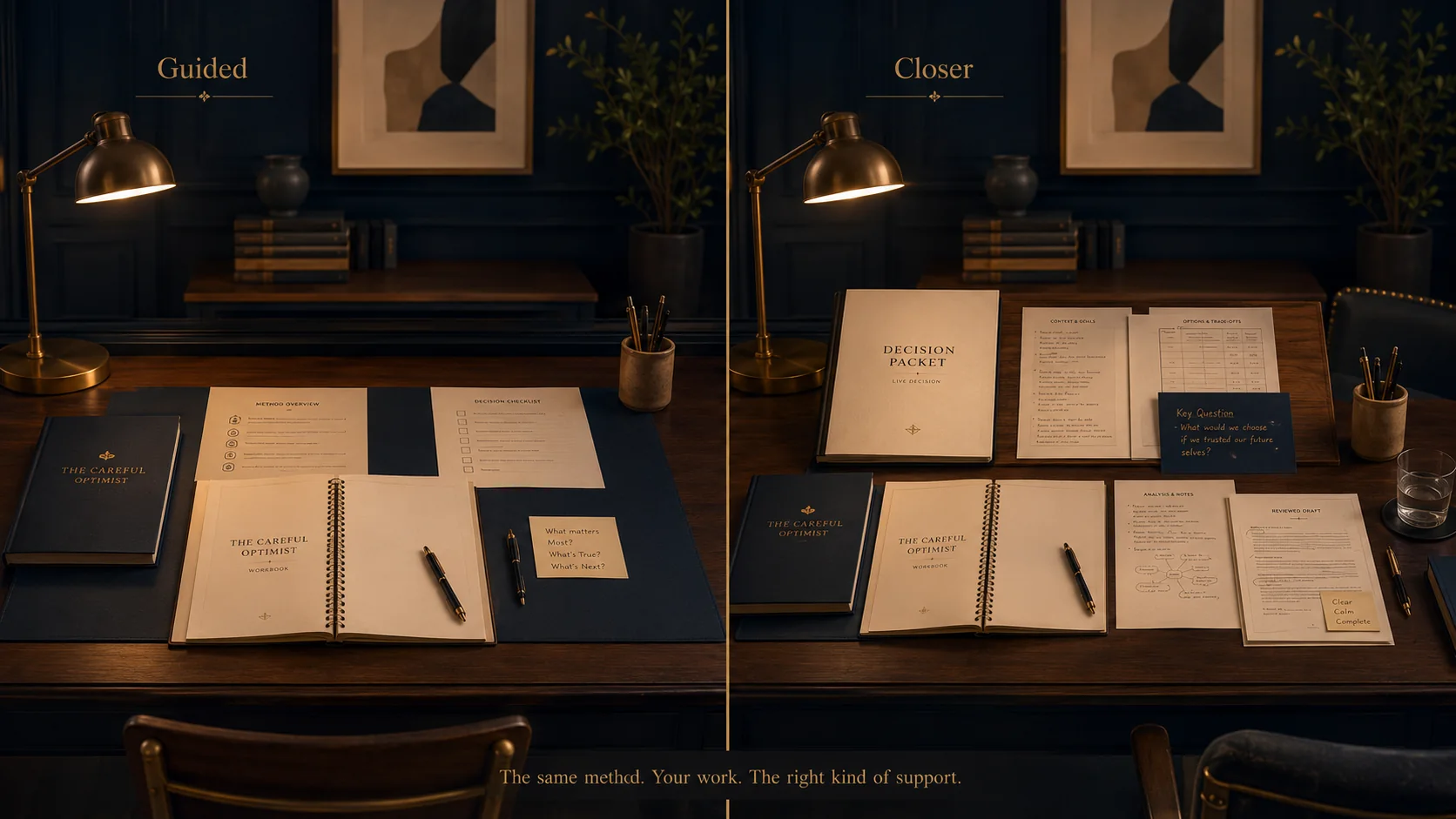 Two thoughtful workspaces showing Guided Membership using the complete method independently and Closer Access adding prepared personal decision material around the same method.