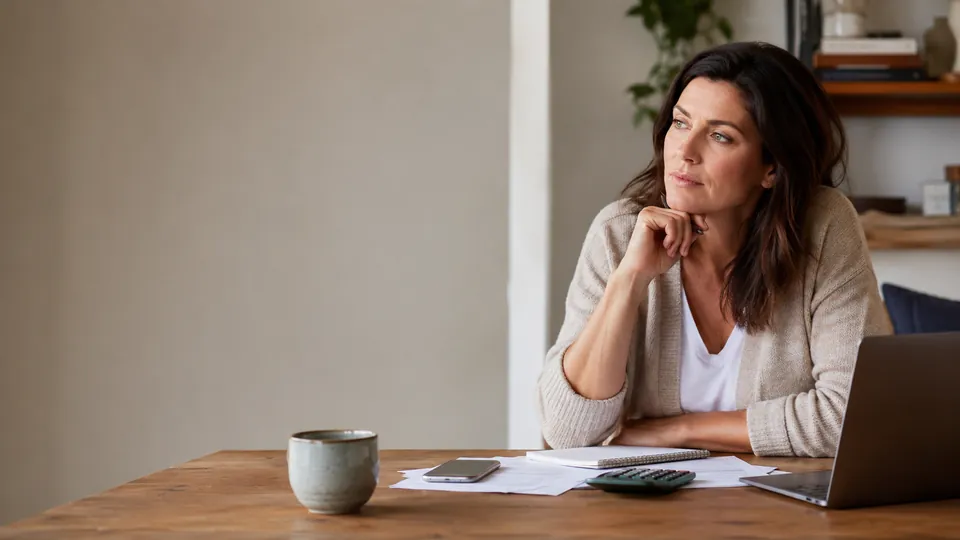A thoughtful woman at a kitchen table considering an income opportunity, with an open laptop, calculator and ordinary household papers nearby.
