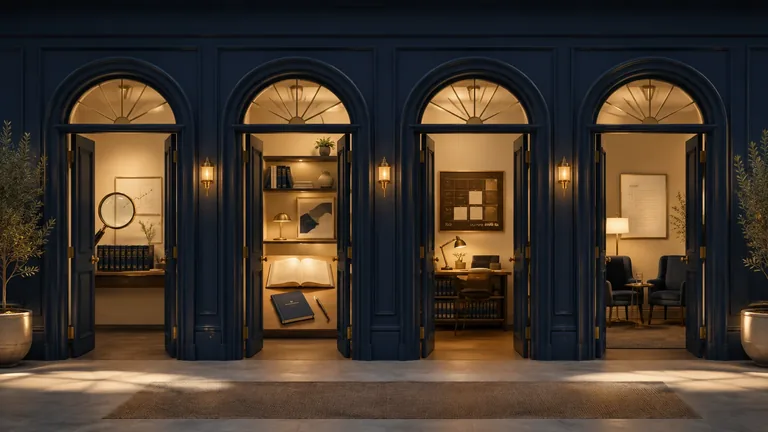 Four open navy doors with warm light beyond them, representing four different levels of Careful Optimist decision support.