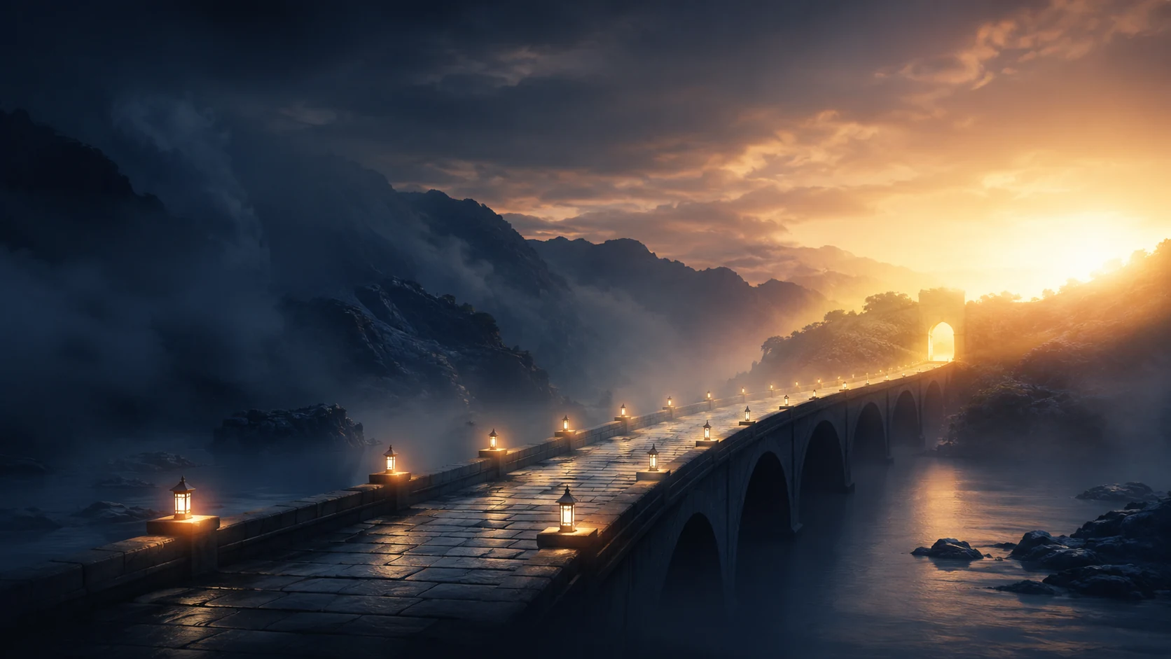 A dark navy stone bridge crossing mist toward a warm illuminated opening, representing a careful path from decision pressure to a qualified next move.